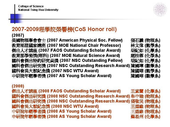 College of Science National Tsing Hua University 2007 -2009理學院榮譽榜(Co. S Honor roll) (2007) 美國物理學會會士 College of Science National Tsing Hua University 2007 -2009理學院榮譽榜(Co. S Honor roll) (2007) 美國物理學會會士