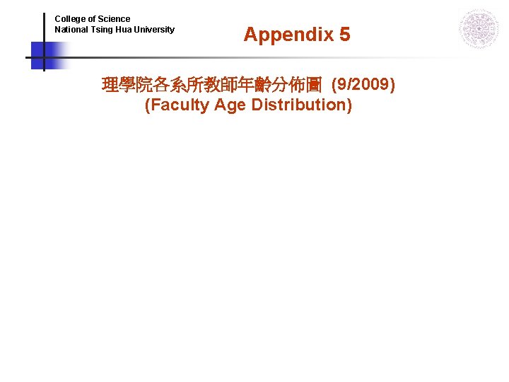 College of Science National Tsing Hua University Appendix 5 理學院各系所教師年齡分佈圖 (9/2009) (Faculty Age Distribution) College of Science National Tsing Hua University Appendix 5 理學院各系所教師年齡分佈圖 (9/2009) (Faculty Age Distribution)