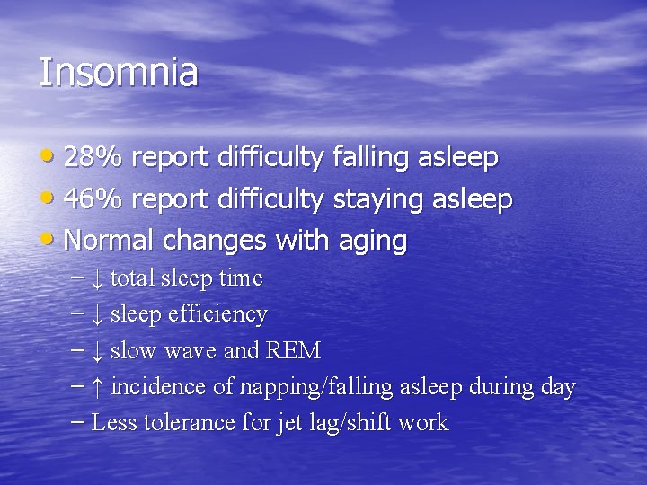 Insomnia • 28% report difficulty falling asleep • 46% report difficulty staying asleep •