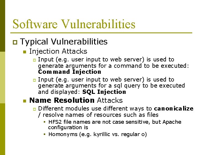 Software Vulnerabilities p Typical Vulnerabilities n Injection Attacks Input (e. g. user input to Software Vulnerabilities p Typical Vulnerabilities n Injection Attacks Input (e. g. user input to