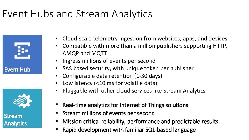 Event Hubs and Stream Analytics • Cloud-scale telemetry ingestion from websites, apps, and devices