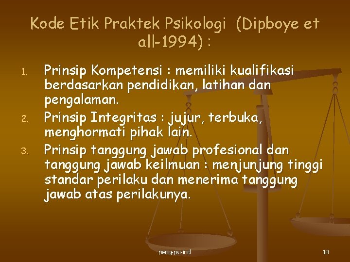 Kode Etik Praktek Psikologi (Dipboye et all-1994) : 1. 2. 3. Prinsip Kompetensi :