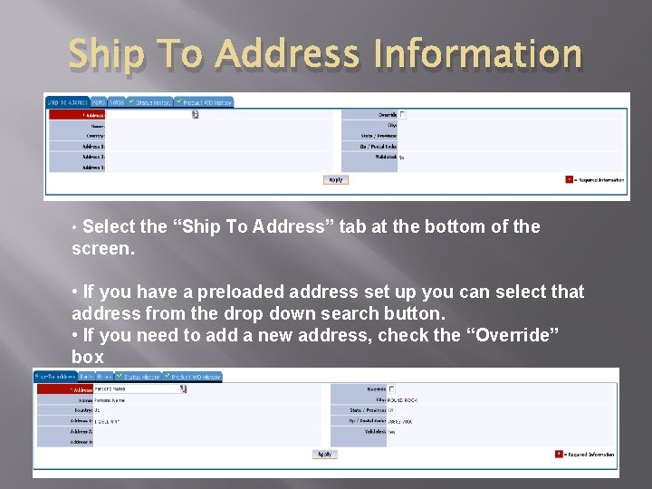 Ship To Address Information • Select the “Ship To Address” tab at the bottom