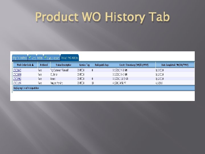 Product WO History Tab 