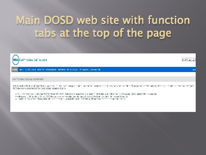 Main DOSD web site with function tabs at the top of the page 