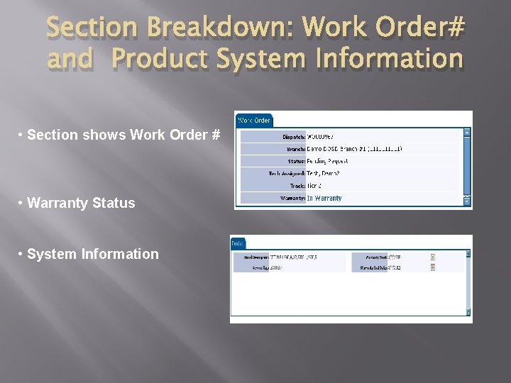 Section Breakdown: Work Order# and Product System Information • Section shows Work Order #