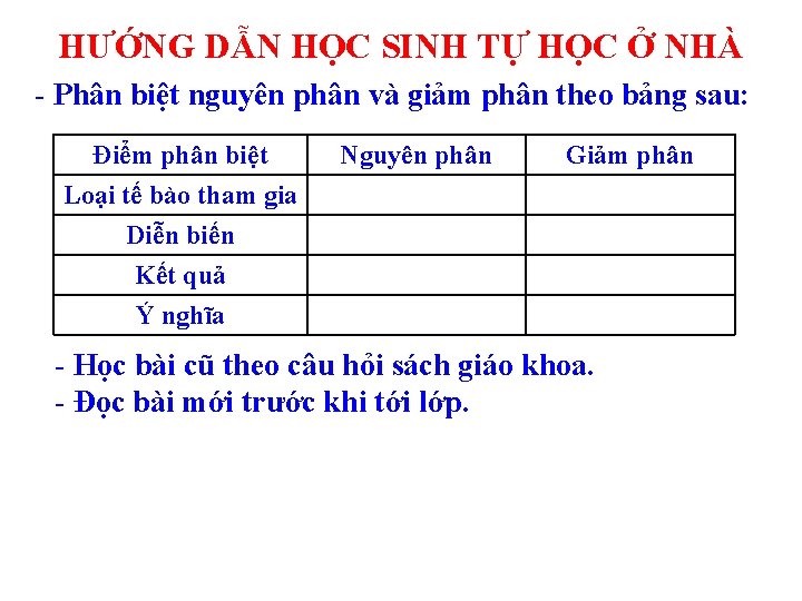 HƯỚNG DẪN HỌC SINH TỰ HỌC Ở NHÀ - Phân biệt nguyên phân và