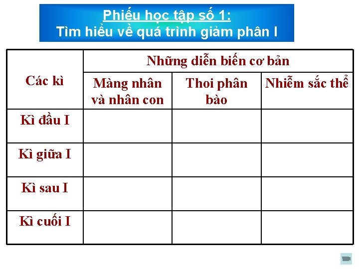 Phiếu học tập số 1: Tìm hiểu về quá trình giảm phân I Những