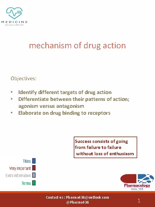 mechanism of drug action Objectives: • Identify different targets of drug action • Differentiate