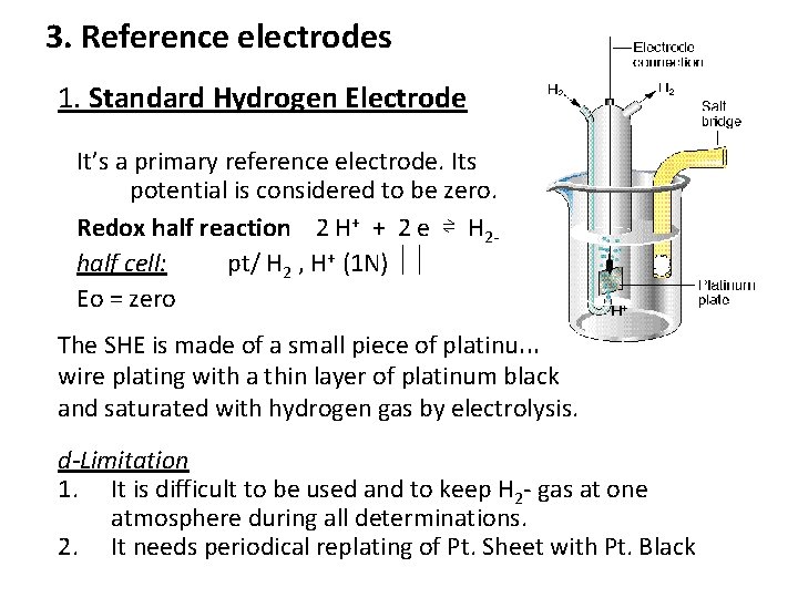 3. Reference electrodes 1. Standard Hydrogen Electrode It’s a primary reference electrode. Its potential