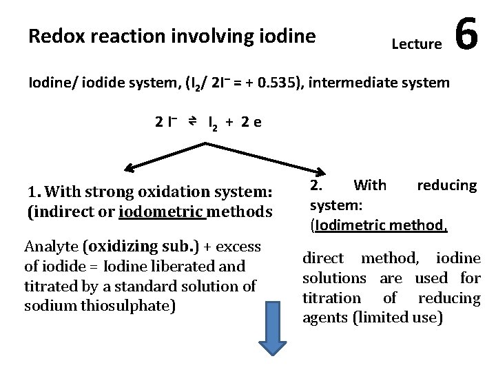 Redox reaction involving iodine Lecture 6 Iodine/ iodide system, (I 2/ 2 I– =