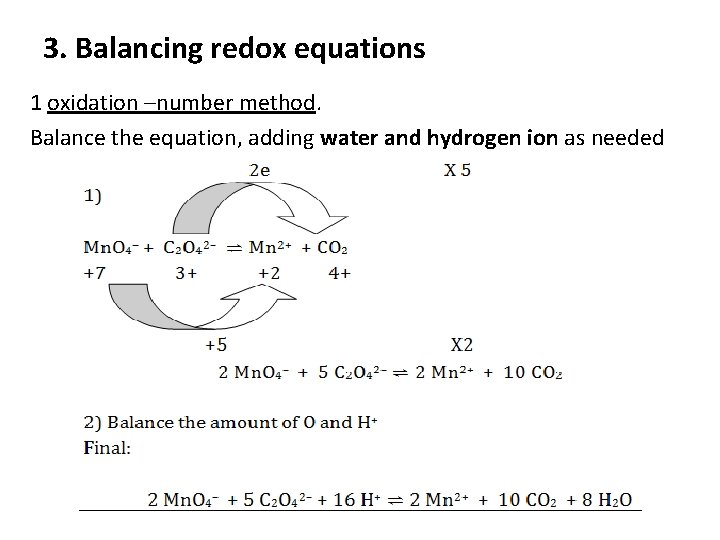 3. Balancing redox equations 1 oxidation –number method. Balance the equation, adding water and