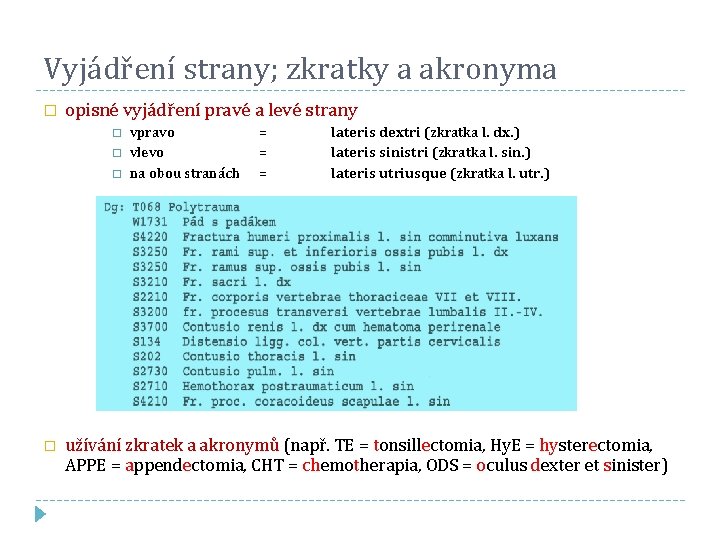 Vyjádření strany; zkratky a akronyma � opisné vyjádření pravé a levé strany � vpravo