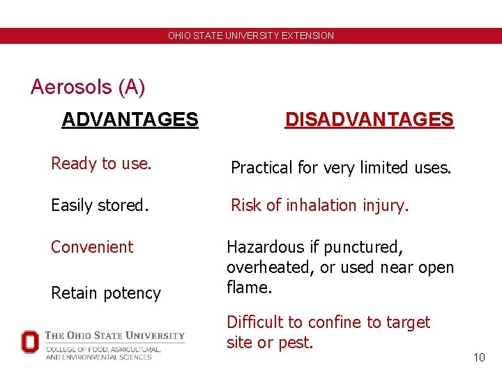 OHIO STATE UNIVERSITY EXTENSION Aerosols (A) ADVANTAGES DISADVANTAGES Ready to use. Practical for very