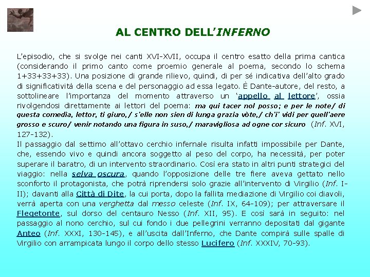 AL CENTRO DELL’INFERNO L’episodio, che si svolge nei canti XVI-XVII, occupa il centro esatto
