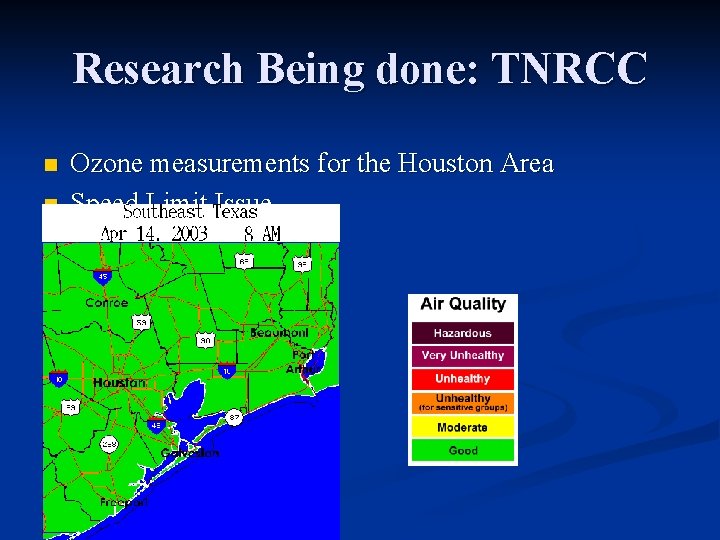 Research Being done: TNRCC n n Ozone measurements for the Houston Area Speed Limit