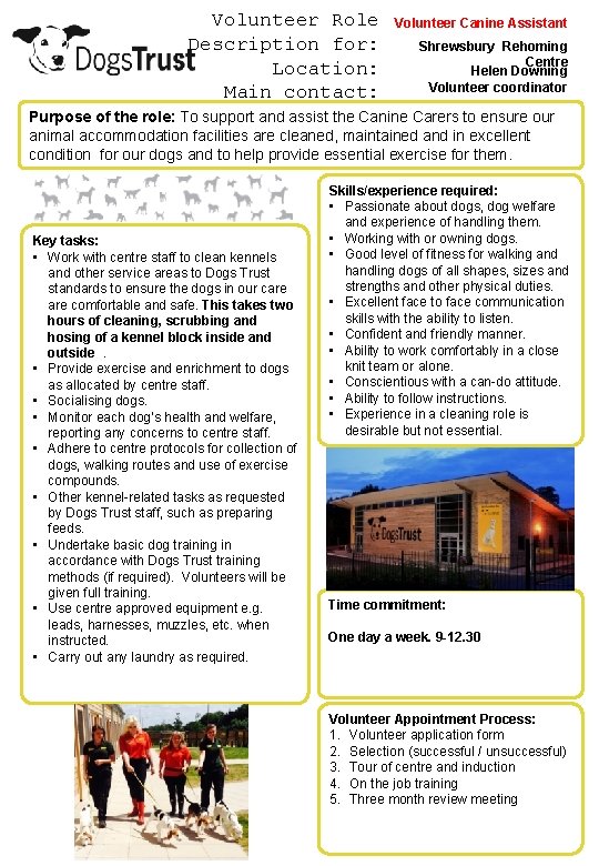 Volunteer Role Description for: Location: Main contact: Volunteer Canine Assistant Shrewsbury Rehoming Centre Helen Volunteer Role Description for: Location: Main contact: Volunteer Canine Assistant Shrewsbury Rehoming Centre Helen