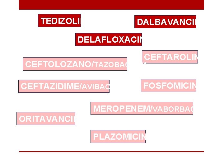 TEDIZOLID DALBAVANCINA DELAFLOXACINA CEFTAROLINA CEFTOLOZANO/TAZOBACTAM CEFTAZIDIME/AVIBACTAM FOSFOMICINA MEROPENEM/VABORBACTAM ORITAVANCINA PLAZOMICINA 