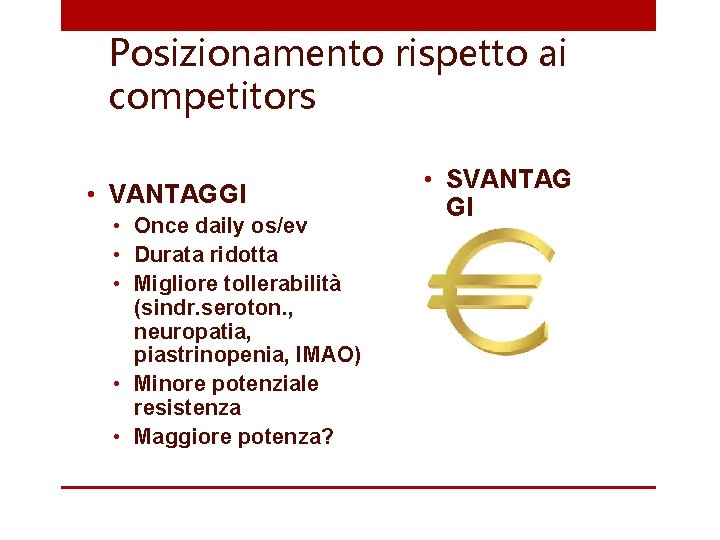 Posizionamento rispetto ai competitors • VANTAGGI • Once daily os/ev • Durata ridotta •