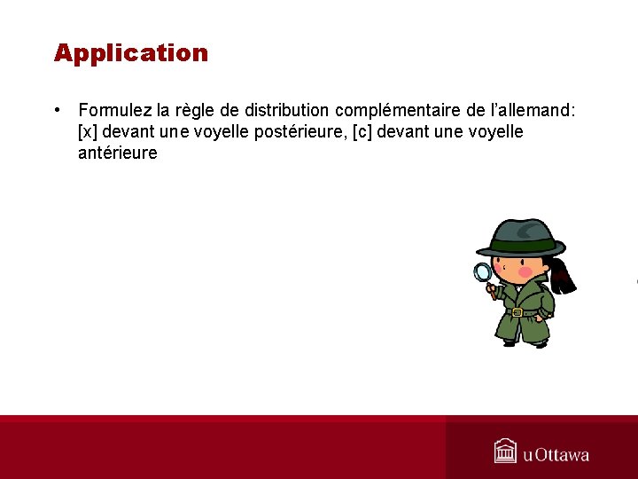 Application • Formulez la règle de distribution complémentaire de l’allemand: [x] devant une voyelle