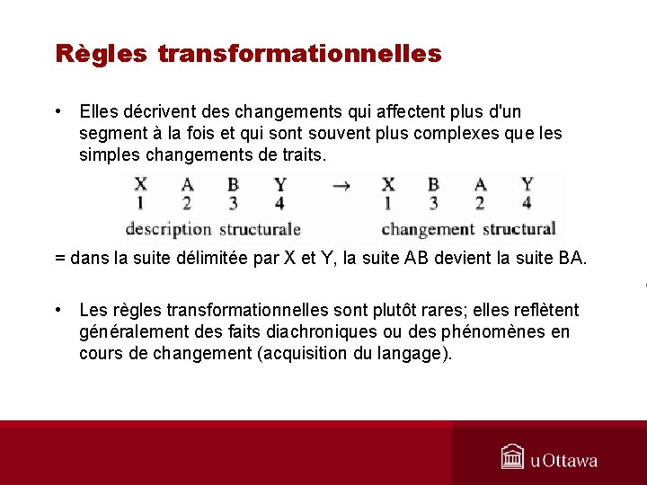 Règles transformationnelles • Elles décrivent des changements qui affectent plus d'un segment à la