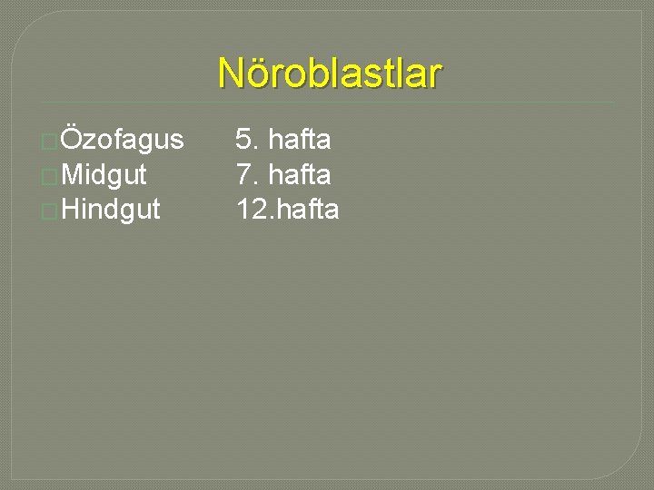 Nöroblastlar �Özofagus �Midgut �Hindgut 5. hafta 7. hafta 12. hafta Nöroblastlar �Özofagus �Midgut �Hindgut 5. hafta 7. hafta 12. hafta