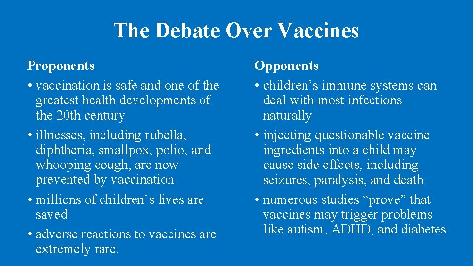 The Debate Over Vaccines Proponents • vaccination is safe and one of the greatest