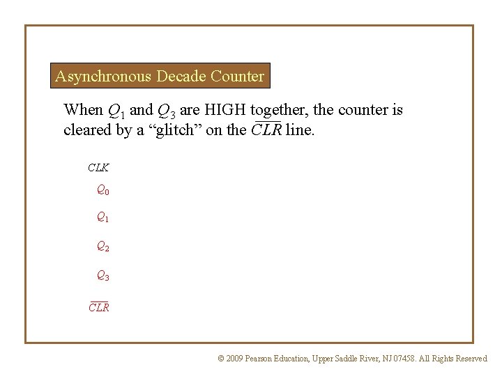Asynchronous Decade Counter When Q 1 and Q 3 are HIGH together, the counter Asynchronous Decade Counter When Q 1 and Q 3 are HIGH together, the counter
