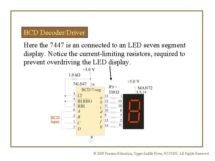 BCD Decoder/Driver Here the 7447 is an connected to an LED seven segment display. BCD Decoder/Driver Here the 7447 is an connected to an LED seven segment display.