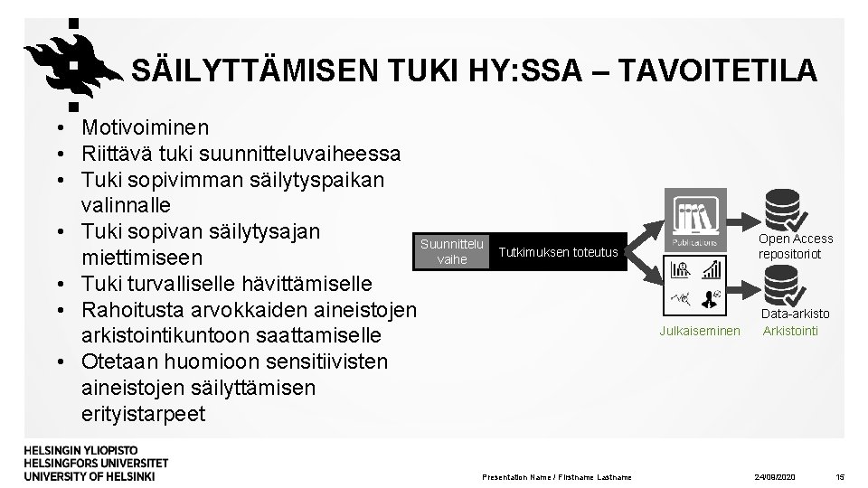 SÄILYTTÄMISEN TUKI HY: SSA – TAVOITETILA • Motivoiminen • Riittävä tuki suunnitteluvaiheessa • Tuki