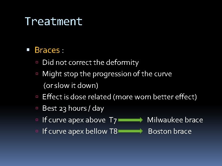 Treatment Braces : Did not correct the deformity Might stop the progression of the Treatment Braces : Did not correct the deformity Might stop the progression of the