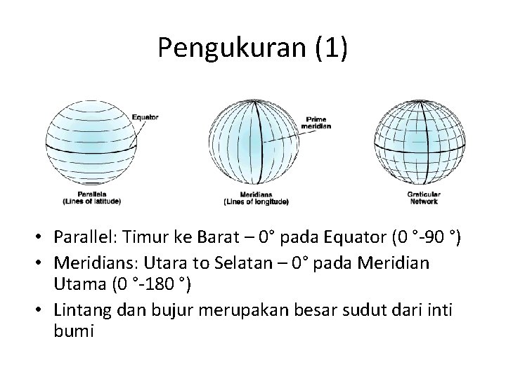 Pengukuran (1) • Parallel: Timur ke Barat – 0° pada Equator (0 °-90 °)