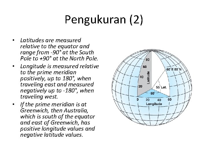 Pengukuran (2) • Latitudes are measured relative to the equator and range from -90°