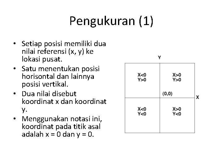 Pengukuran (1) • Setiap posisi memiliki dua nilai referensi (x, y) ke lokasi pusat.