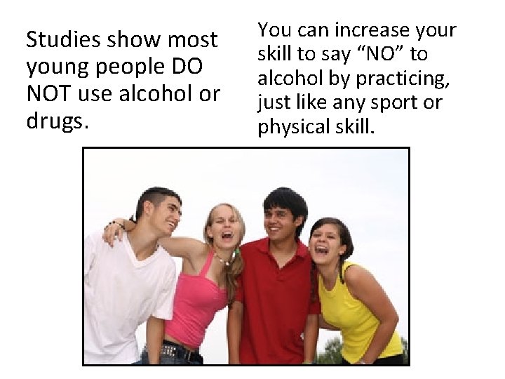 Studies show most young people DO NOT use alcohol or drugs. You can increase Studies show most young people DO NOT use alcohol or drugs. You can increase
