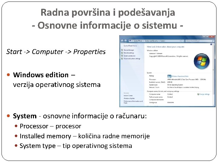 Radna površina i podešavanja - Osnovne informacije o sistemu Start -> Computer -> Properties