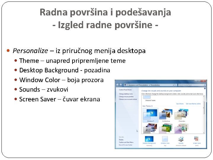 Radna površina i podešavanja - Izgled radne površine Personalize – iz priručnog menija desktopa