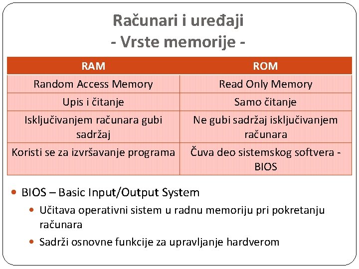 Računari i uređaji - Vrste memorije RAM Random Access Memory Upis i čitanje Isključivanjem