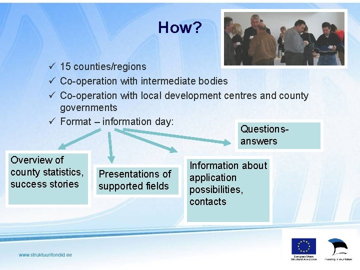 How? ü 15 counties/regions ü Co-operation with intermediate bodies ü Co-operation with local development