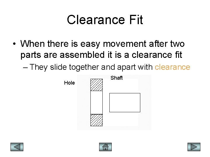 Clearance Fit • When there is easy movement after two parts are assembled it