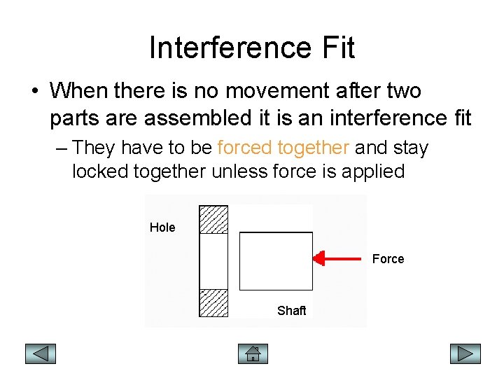 Interference Fit • When there is no movement after two parts are assembled it