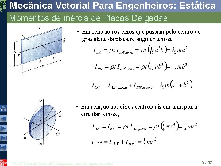 Nona Edição Mecânica Vetorial Para Engenheiros: Estática Momentos de inércia de Placas Delgadas •