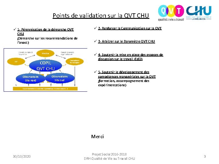 Points de validation sur la QVT CHU ü 1 - Pérennisation de la démarche