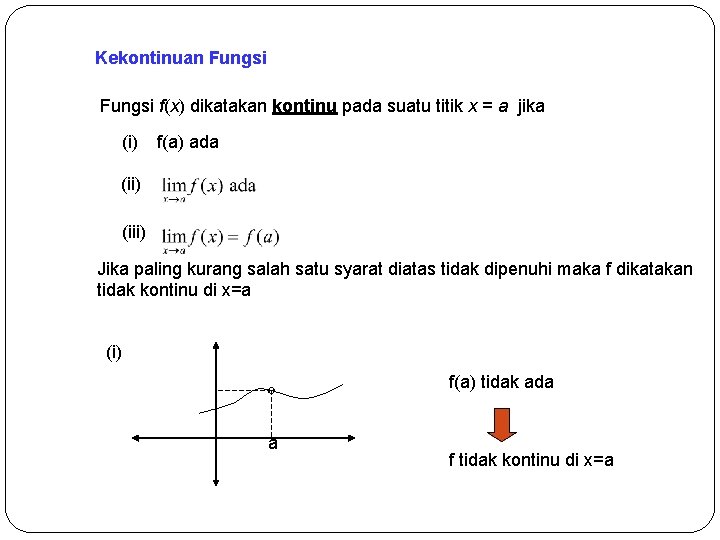 Kekontinuan Fungsi f(x) dikatakan kontinu pada suatu titik x = a jika (i) f(a)