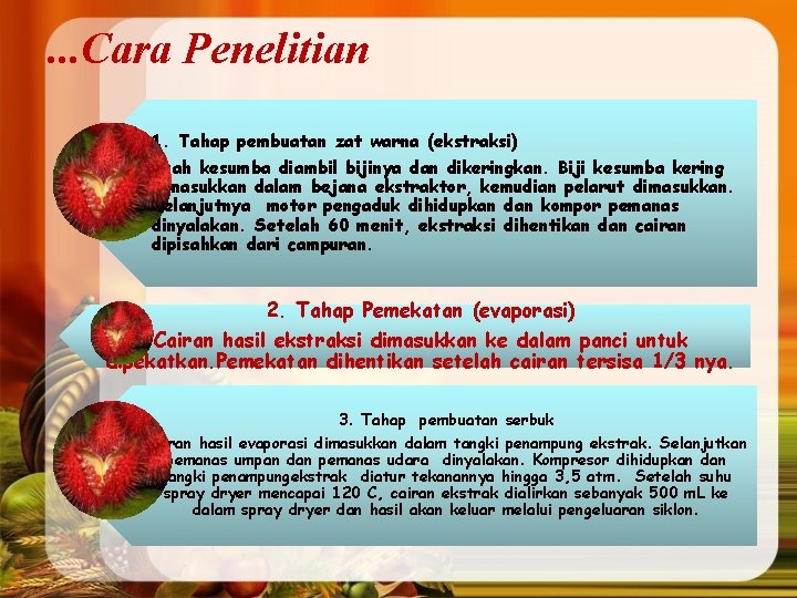 . . . Cara Penelitian 1. Tahap pembuatan zat warna (ekstraksi) Buah kesumba diambil