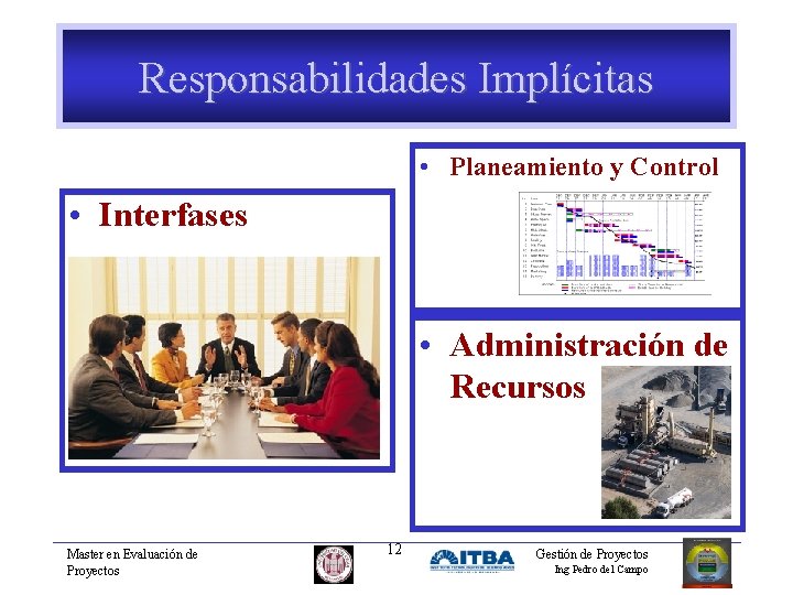 Responsabilidades Implícitas • Planeamiento y Control • Interfases • Administración de Recursos Master en