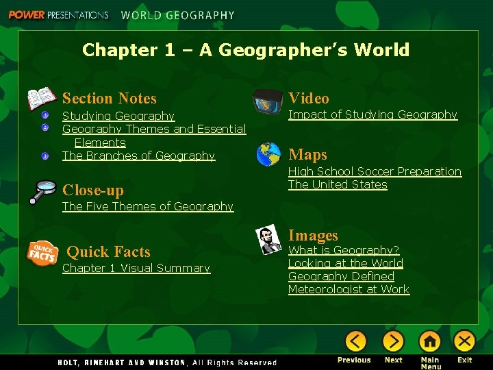 Chapter 1 – A Geographer’s World Section Notes Video Studying Geography Themes and Essential