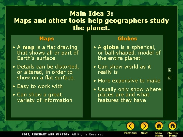 Main Idea 3: Maps and other tools help geographers study the planet. Maps Globes