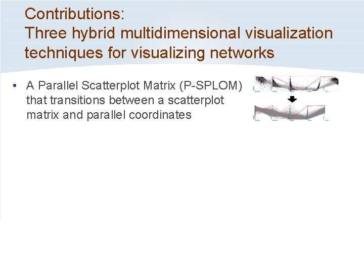 Contributions: Three hybrid multidimensional visualization techniques for visualizing networks • A Parallel Scatterplot Matrix