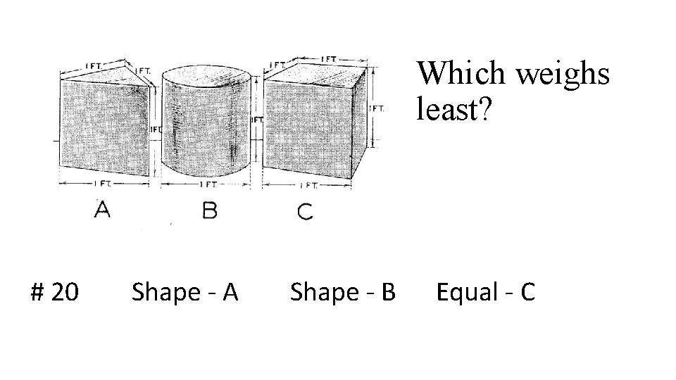 Which weighs least? # 20 Shape - A Shape - B Equal - C